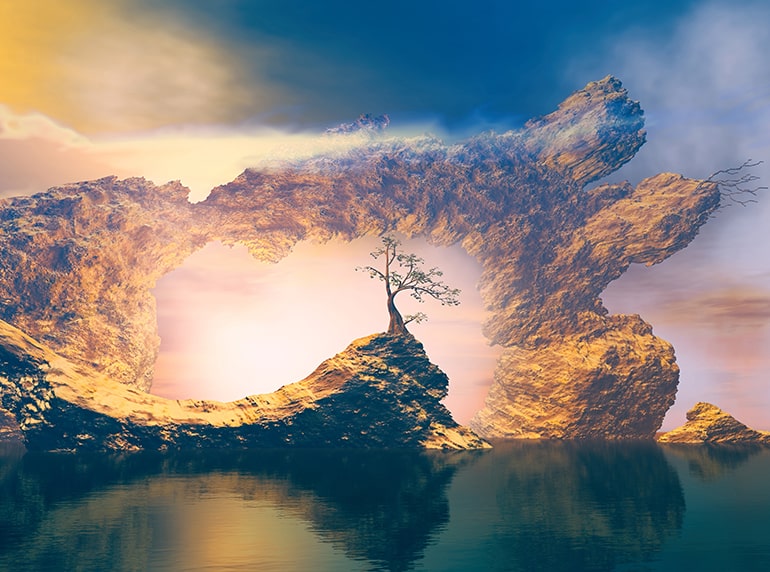 A tree growing on a cliff surrounded by colorful clouds