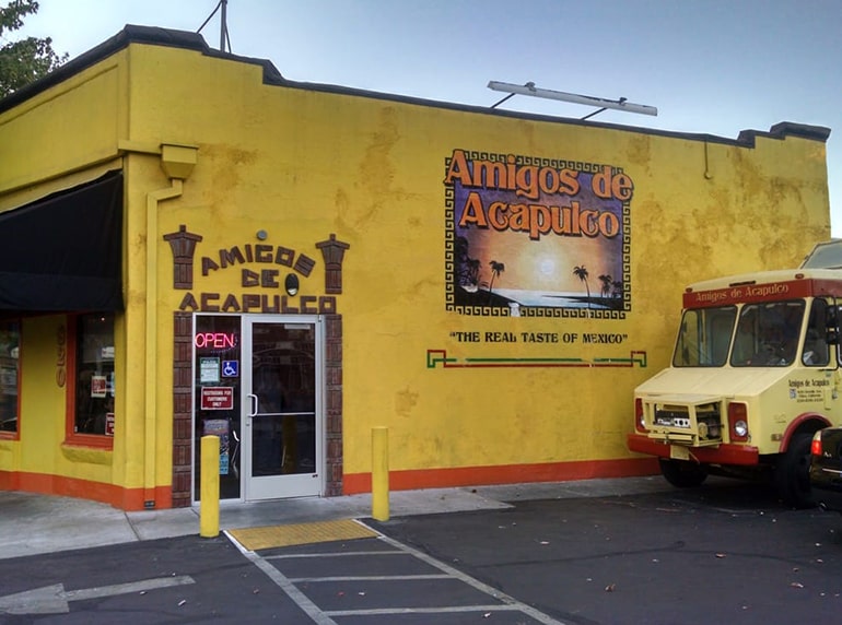 The exterior of a mexican restaurant, amigos de acapulco